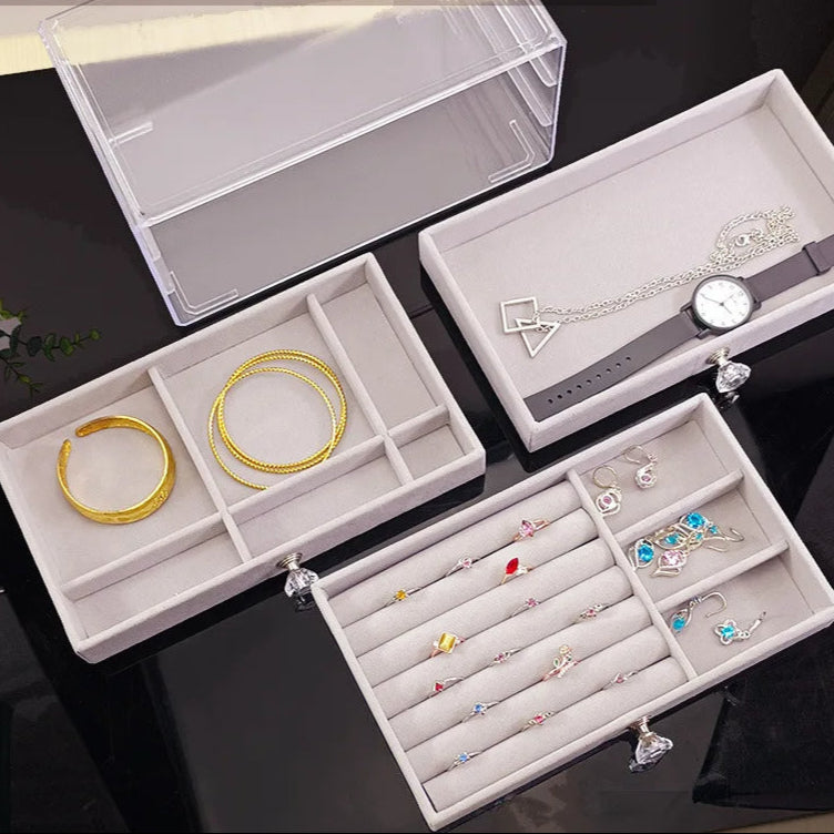 Velvet Crystal Charm 3-Drawer Acrylic Jewelry Box