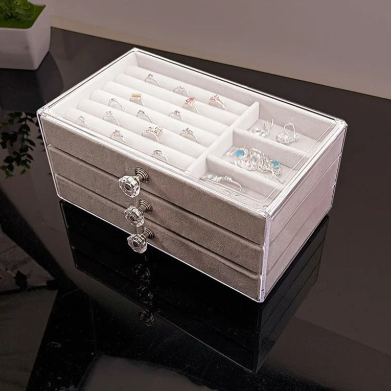 Velvet Crystal Charm 3-Drawer Acrylic Jewelry Box