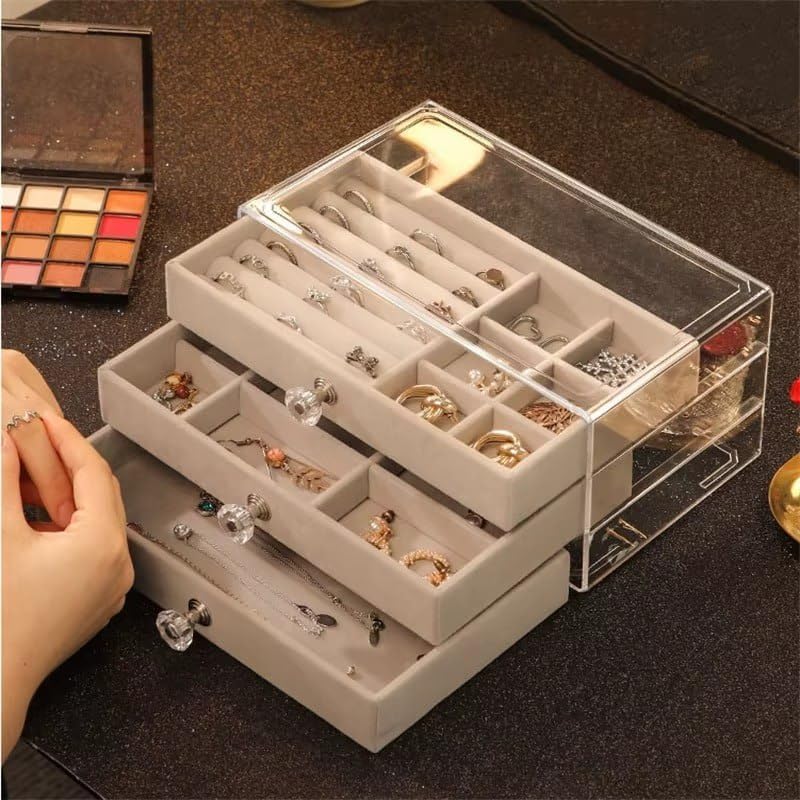 Velvet Crystal Charm 3-Drawer Acrylic Jewelry Box