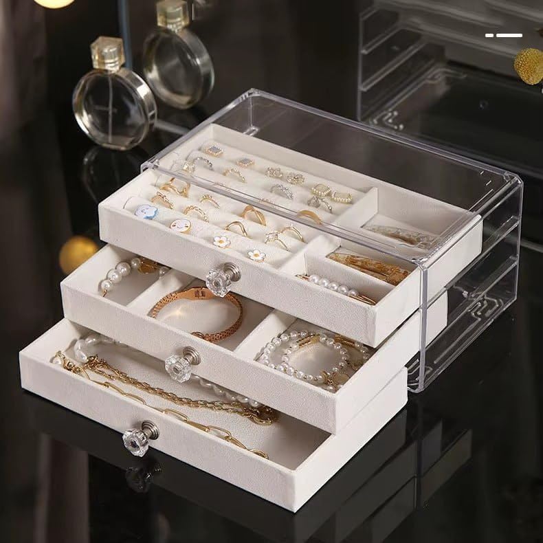 Velvet Crystal Charm 3-Drawer Acrylic Jewelry Box
