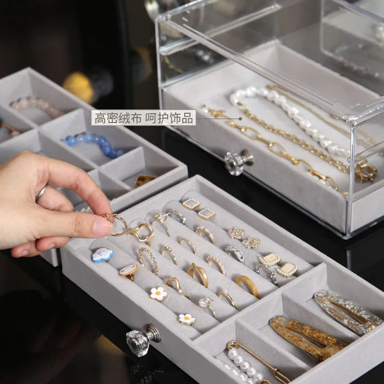 Velvet Crystal Charm 3-Drawer Acrylic Jewelry Box