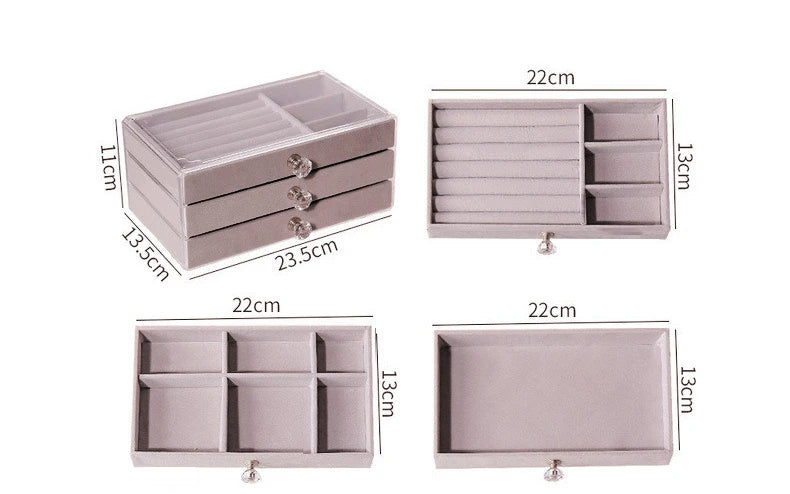 Velvet Crystal Charm 3-Drawer Acrylic Jewelry Box